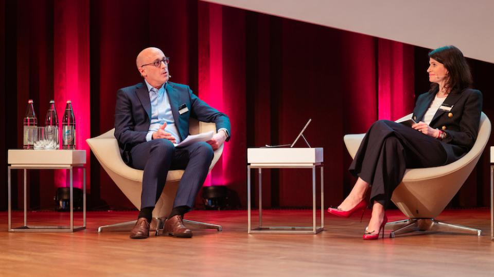 Clifford Chance's Emmanuel-Frédéric Henrion and Marie Preat speaking at the firm's March 2023 global funds conference in Luxembourg.