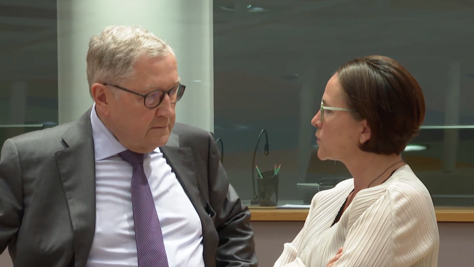 Klaus Regling, chief of the ESM, speaking with Luxembourg finance minister Yuriko Backes in Brussels on Monday. Photo: EU Council.